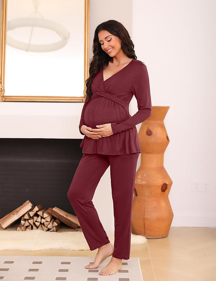 Litherday Stillpyjama Lang Umstandspyjama Langarm Zweifarbiger Baumwolle Stillzeit Nachtwäsche Still