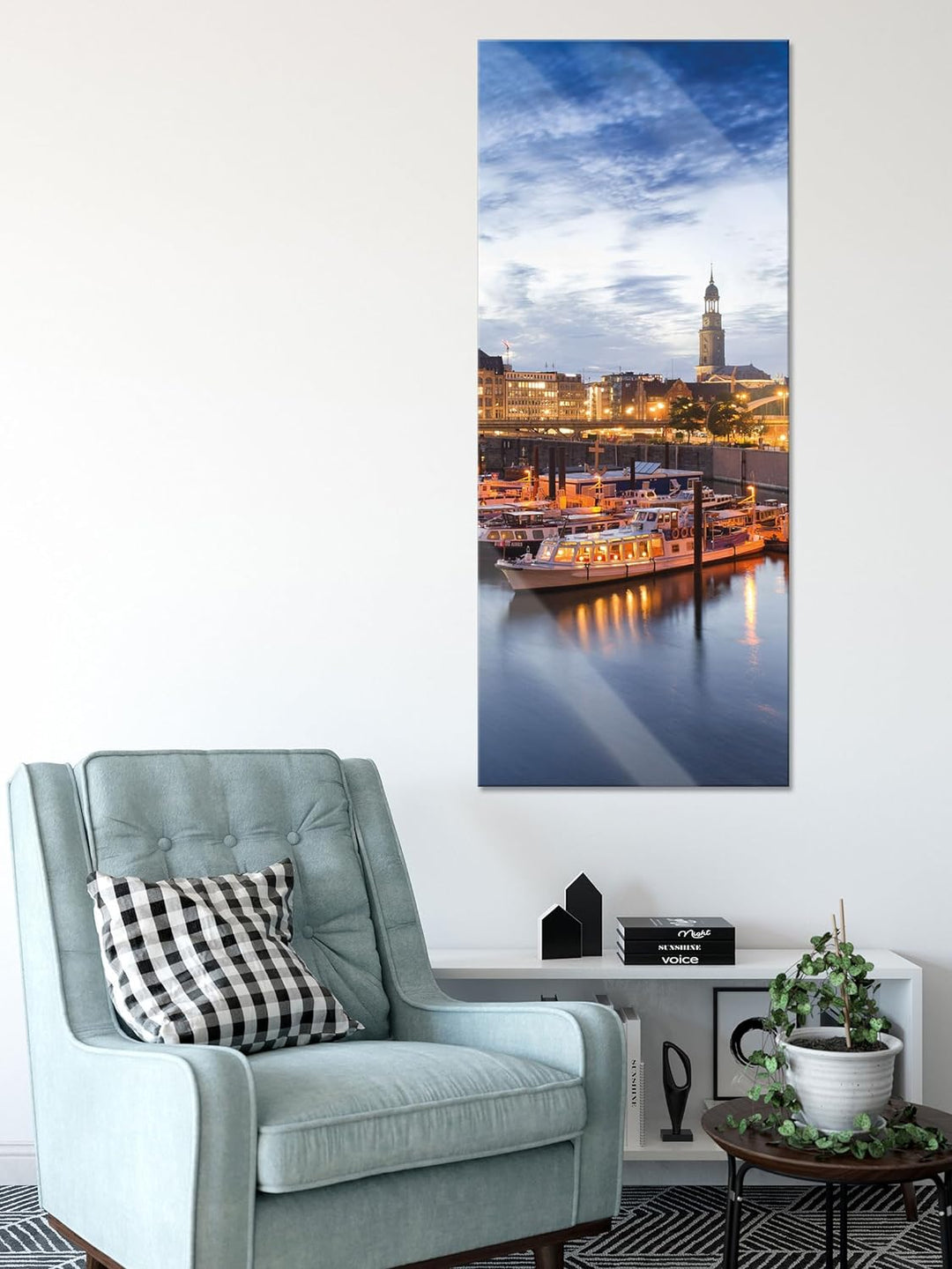 Glasbild Panorama | Wandbild aus Echtglas | Hamburger Hafen am Abend | 100x40 cm | inkl. Aufhängung