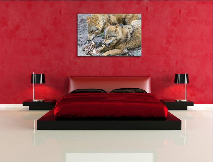 Pixxprint Wölfe beim Fressen auf Leinwand, XXL riesige Bilder fertig gerahmt mit Keilrahmen, Kunstdr