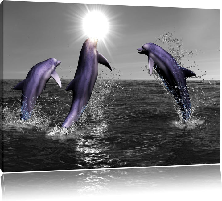 Fröhliche Delfine springen im Meer schwarz/weiss Format: 100x70 auf Leinwand, XXL riesige Bilder fer