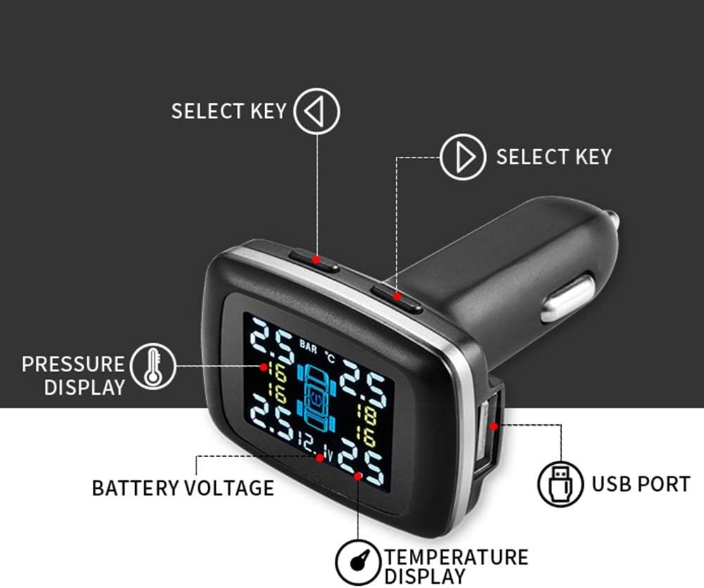 Terisass TPMS DC 12V Auto 433,92 MHz Reifendruckkontrollsystem Zigarettenanzünder-Display mit 4-TLG.
