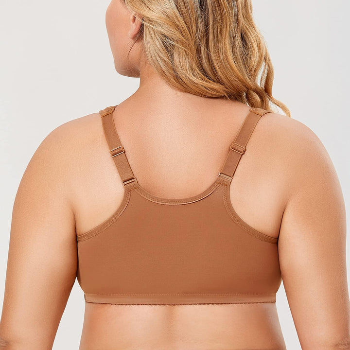 DELIMIRA Damen BH mit Vorderverschluss ohne Bügel Grosse Grössen Spitzen BH 75D Muskatnussbraun, 75D