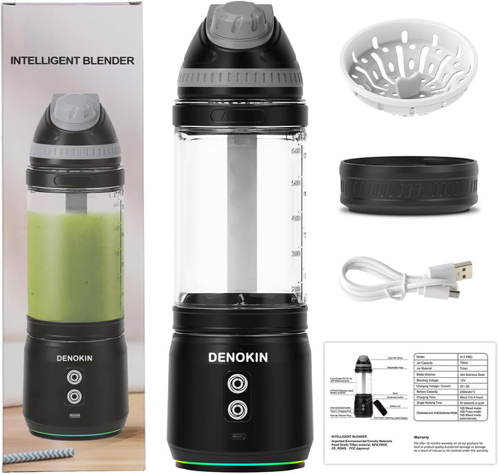DENOKIN Tragbarer Mixer, 700ml Smoothie Maker to Go, Mini-Standmixer mit 6-Klingen Edelstahl, Wieder