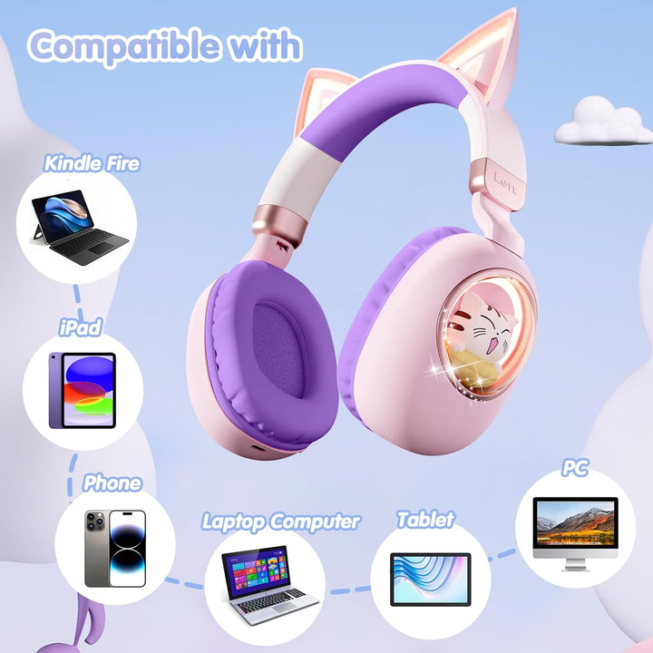 sunvito Kinder Kopfhörer Bluetooth 5.4, LED Beleuchtetes Katzenohr, Faltbarer Over-Ear Kopfhörer mit