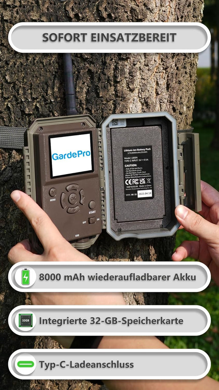 GardePro E8P Max Wildkamera WLAN, Wiederaufladbare 8000mAh Batterie, integrierte SD Karte, 64MP 1296