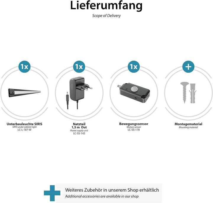 ledscom.de LED Unterbau-Leuchte SIRIS schwarz matt mit Netzteil und Bewegungsmelder, flach, 90cm, 10