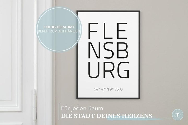 Papierschmiede® Geo Poster Koordinaten Flensburg, A3 Gerahmt im Holzrahmen (schwarz), Stadt Bild als