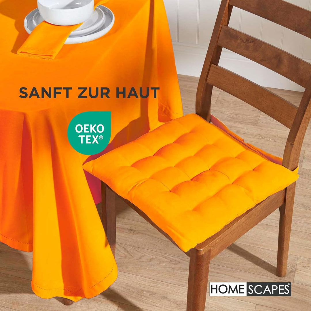 HOMESCAPES 4er Set Stuhlkissen 40 x 40 cm, orange, Sitzkissen mit Bändern und Knopfverschluss, einfa