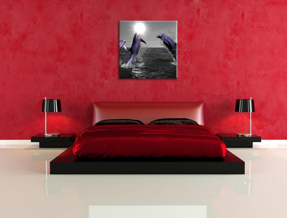 Fröhliche Delfine springen im Meer schwarz/weiss, Format: 70x70 auf Leinwand, 70x70