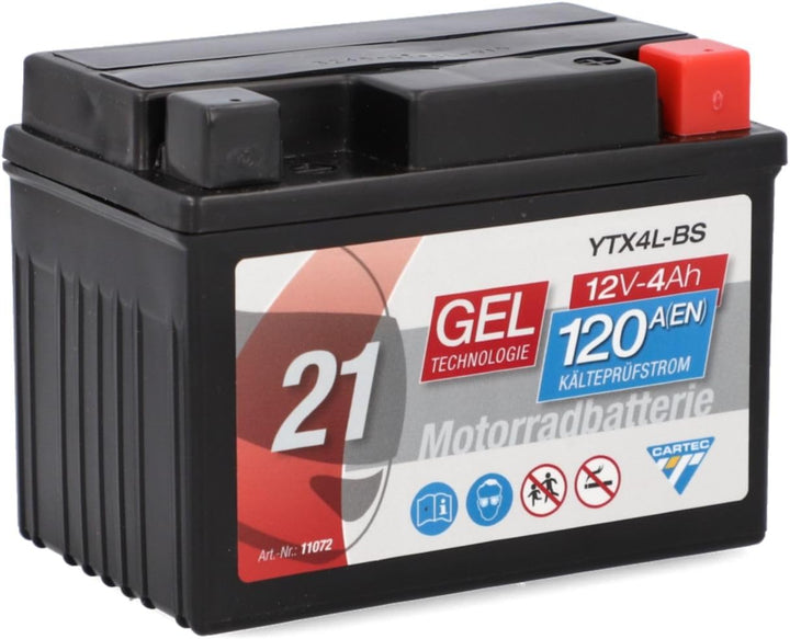 CARTEC Motorradbatterie YTX4L-BS, 4Ah, 120A, Gel Technologie Motorrad-Starter-Batterie, Erstausrüste