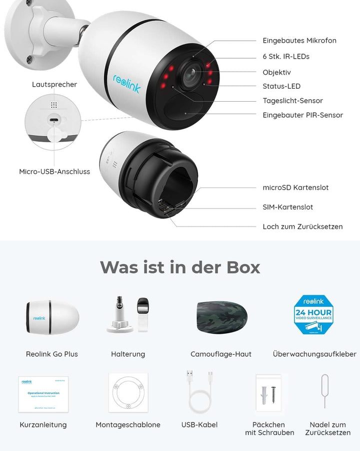 Reolink Go Plus 3G/4G LTE Überwachungskamera Aussen Akku, 2K 4MP HD mit SIM-Kartenslot, Personen-/Au