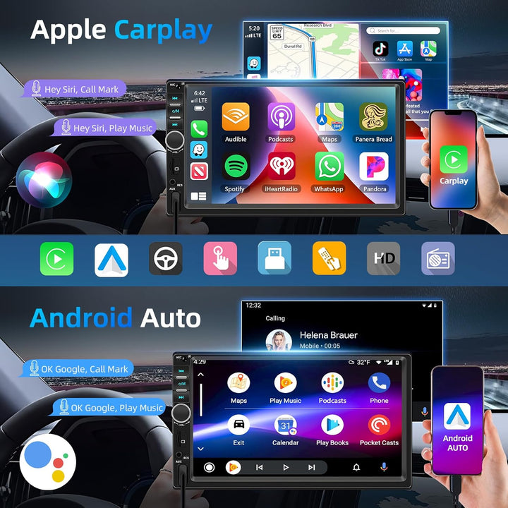 Podofo A-pple Carplay Android Auto 2 Din Autoradio, 7" HD Touchscreen MP5 Player Unterstützung Bluet
