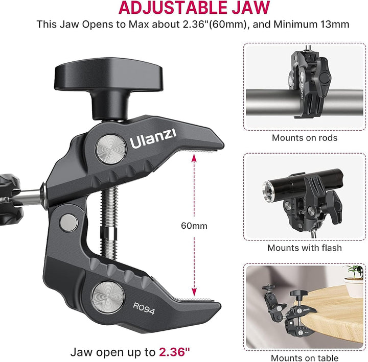 ULANZI R094 Klemmstativ Kamera, Magic Arm mit Super Clamp Crab und 360° Doppelkugelkopf mit 1/4" & 3