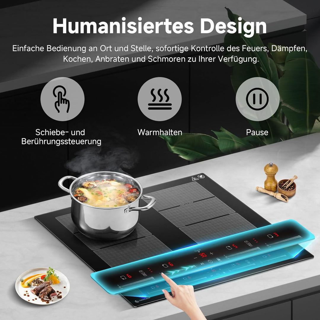 AMZCHEF Induktionskochfeld 60cm mit 2 Flexzonen, 4 Zonen Induktionskochplatte mit leisem Betrieb, 9