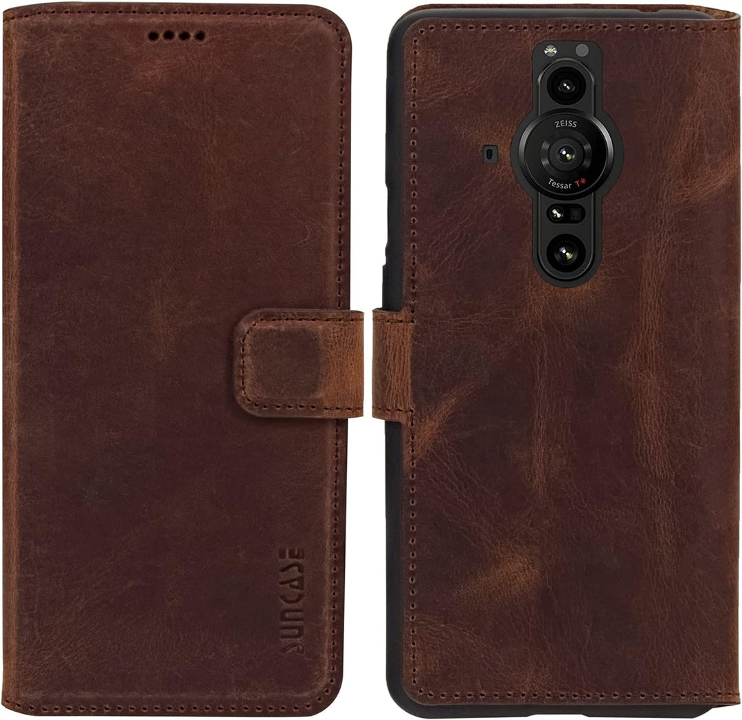 Suncase Book-Style Hülle kompatibel mit Sony Xperia Pro-I Leder Tasche (Slim-Fit) Lederhülle Handyta