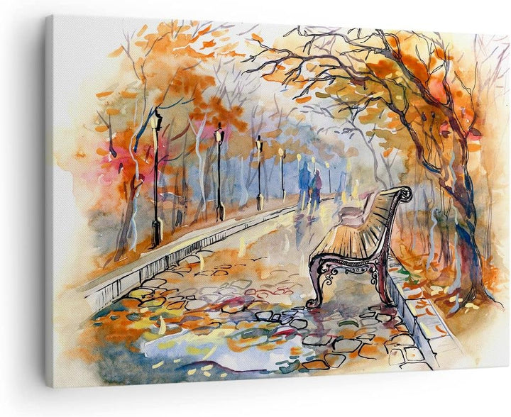 ARTTOR Bilder auf Leinwand Path Bench Herbst Frau Leinwandbild 70x50cm Wandbilder Dekoration Wohnzim