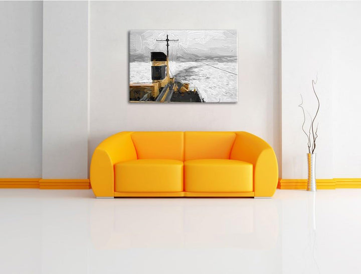 gemaltes grosses Schiff auf Eismeer Format: 100x70 auf Leinwand, XXL riesige Bilder fertig gerahmt m