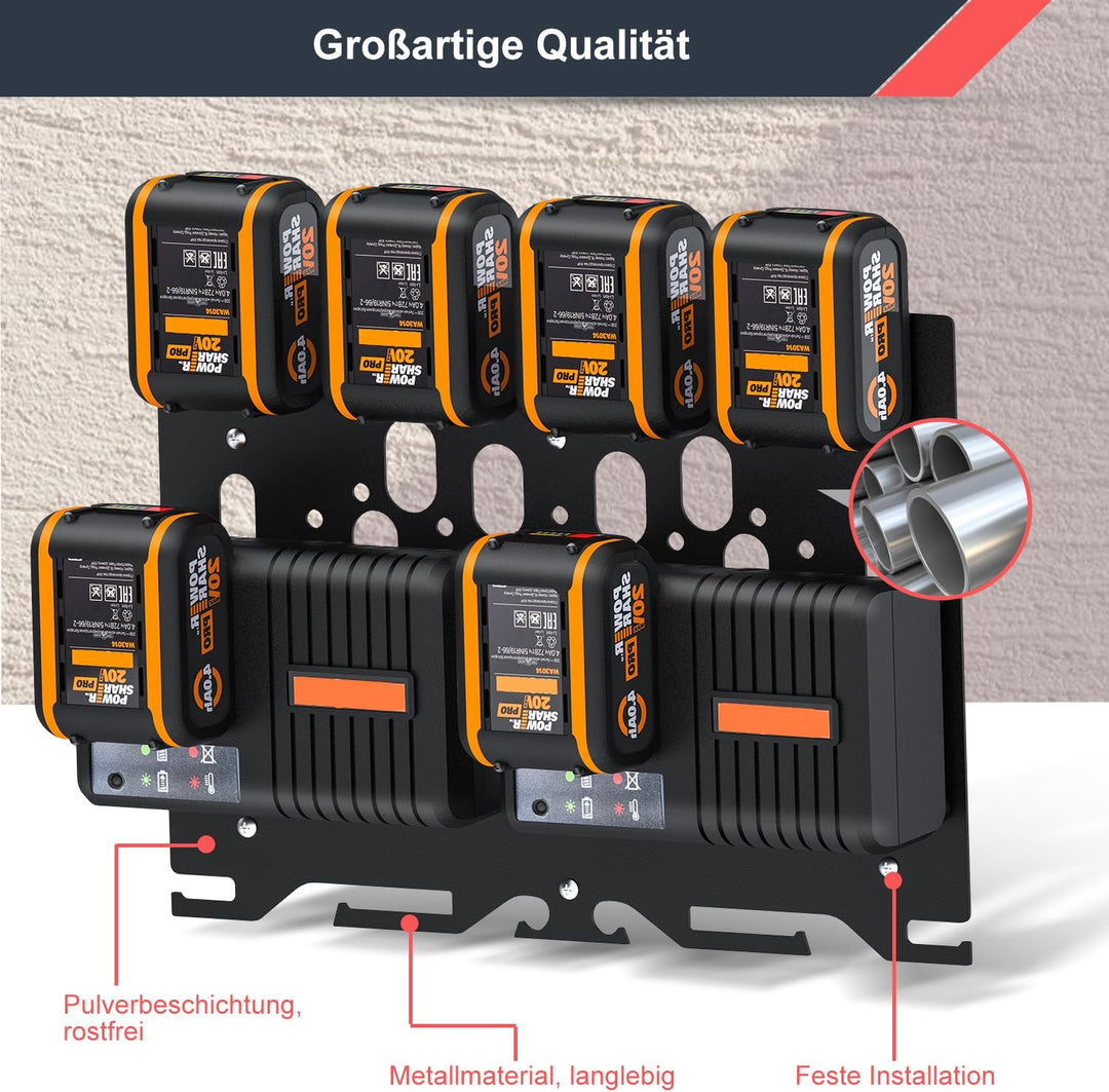 DITKOK Upgrade 3-in-1 Wandhalterung für Worx Ladegeräte, Akkus und Akku-Bohrmaschine, Metall-Akkuhal