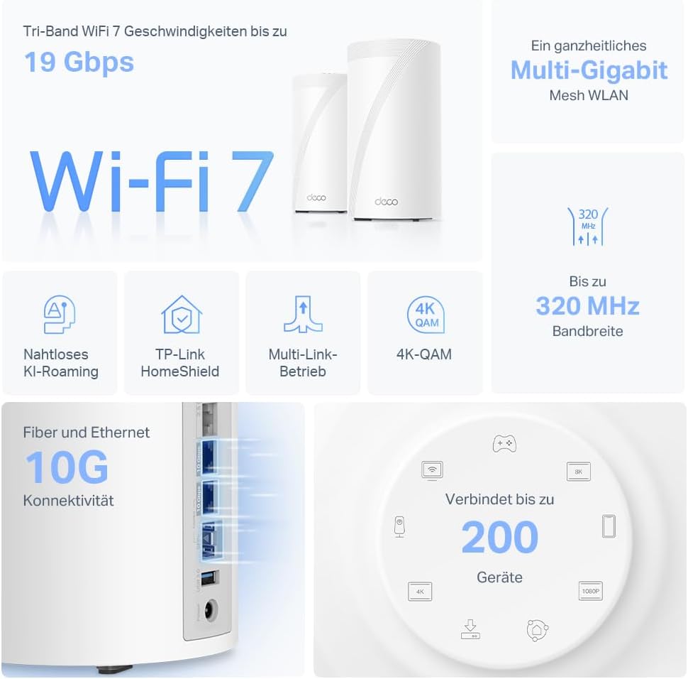TP-Link Deco BE85 Wi-Fi 7 Mesh WLAN-Set, BE19000 Tri-Band-Router und Repeater (10 Gbit/s Ethernet/Gl