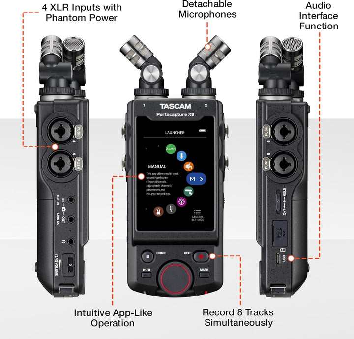 Tascam Portacapture X8 - Portabler 6+2-Spur High-Resolution 32-bit/192-kHz Rekorder, USB2.0, schwarz