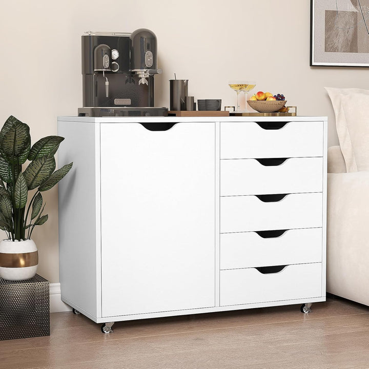 COSTWAY Rollcontainer mit 5 Schubladen, mobiler Aktenschrank mit Tür, Arbeitsplatte & Rollen, Rollwa