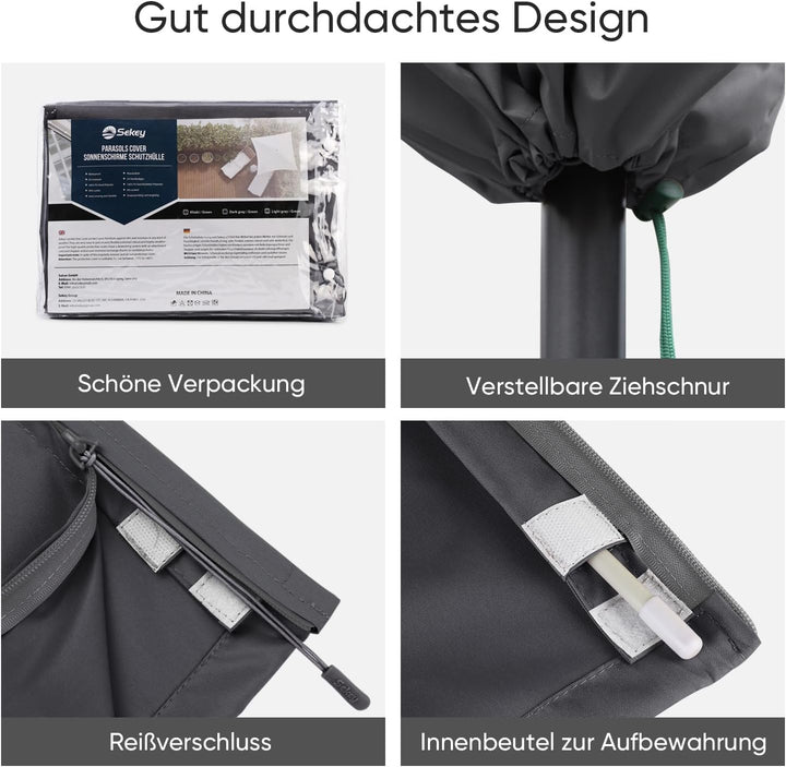 Sekey Sonnenschirm Schutzhülle mit Stab, Abdeckhauben für Ø 350cm / 200x300cm Gartenschirm mit Belüf