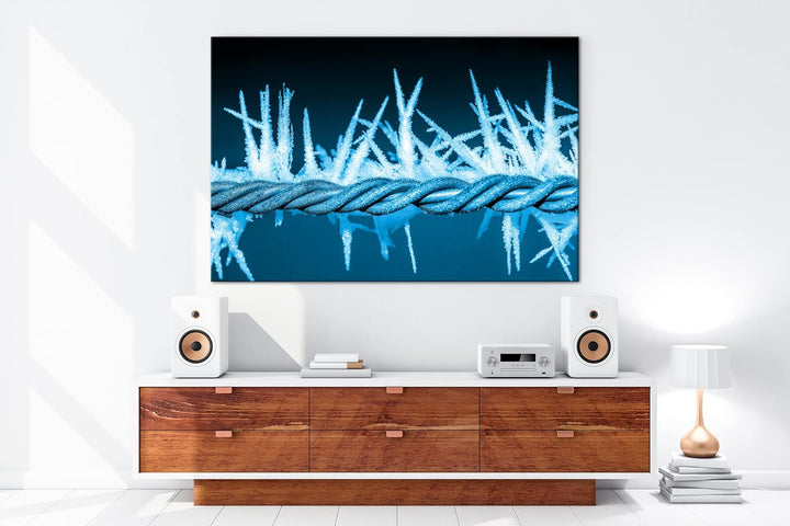 deyoli vereister Stacheldraht Format 80x60 Effekt: Monocrome Blau als Leinwandbild, Motiv fertig ger