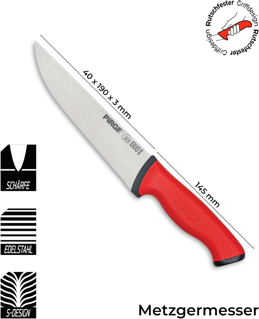 Pirge Duo Metzgermesser 19 cm Rot Schlachtermesser - Fleischermesser - Stechmesser - Exzellenter Sch