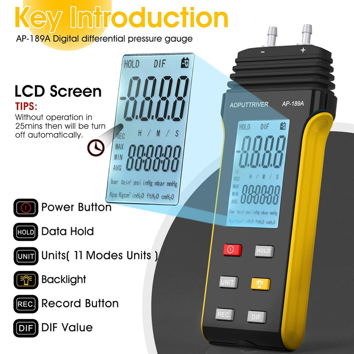 Manometer, AOPUTTRIVER AP-189A Professionelles Luftdruckmessgerät, Gasdruckmessgerät mit zwei Anschl