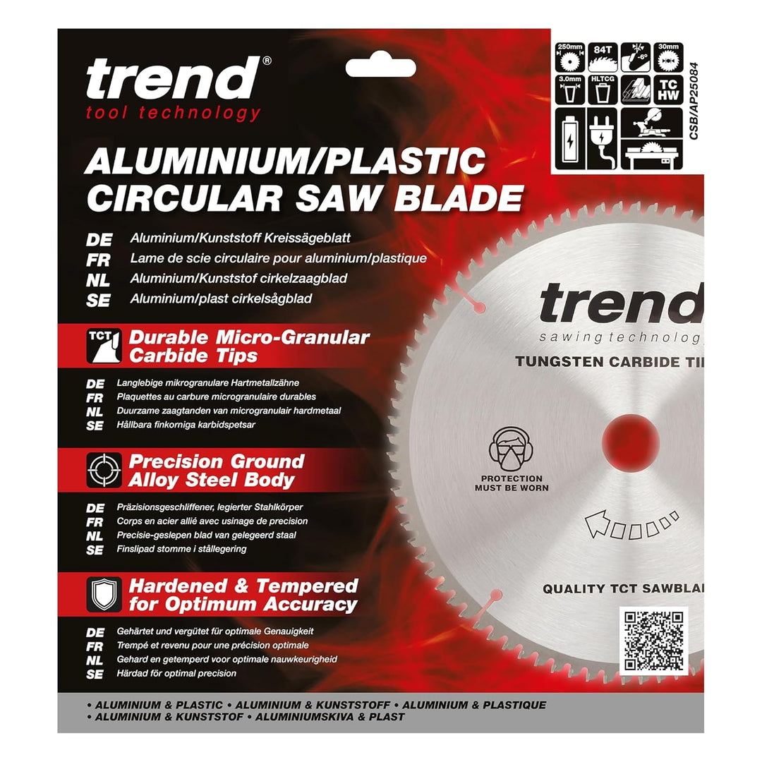Trend CraftPro Arbeitsplatte Aluminium und Kunststoff TCT Kreissägeblatt, 250mm Durchmesser x 84 Zäh