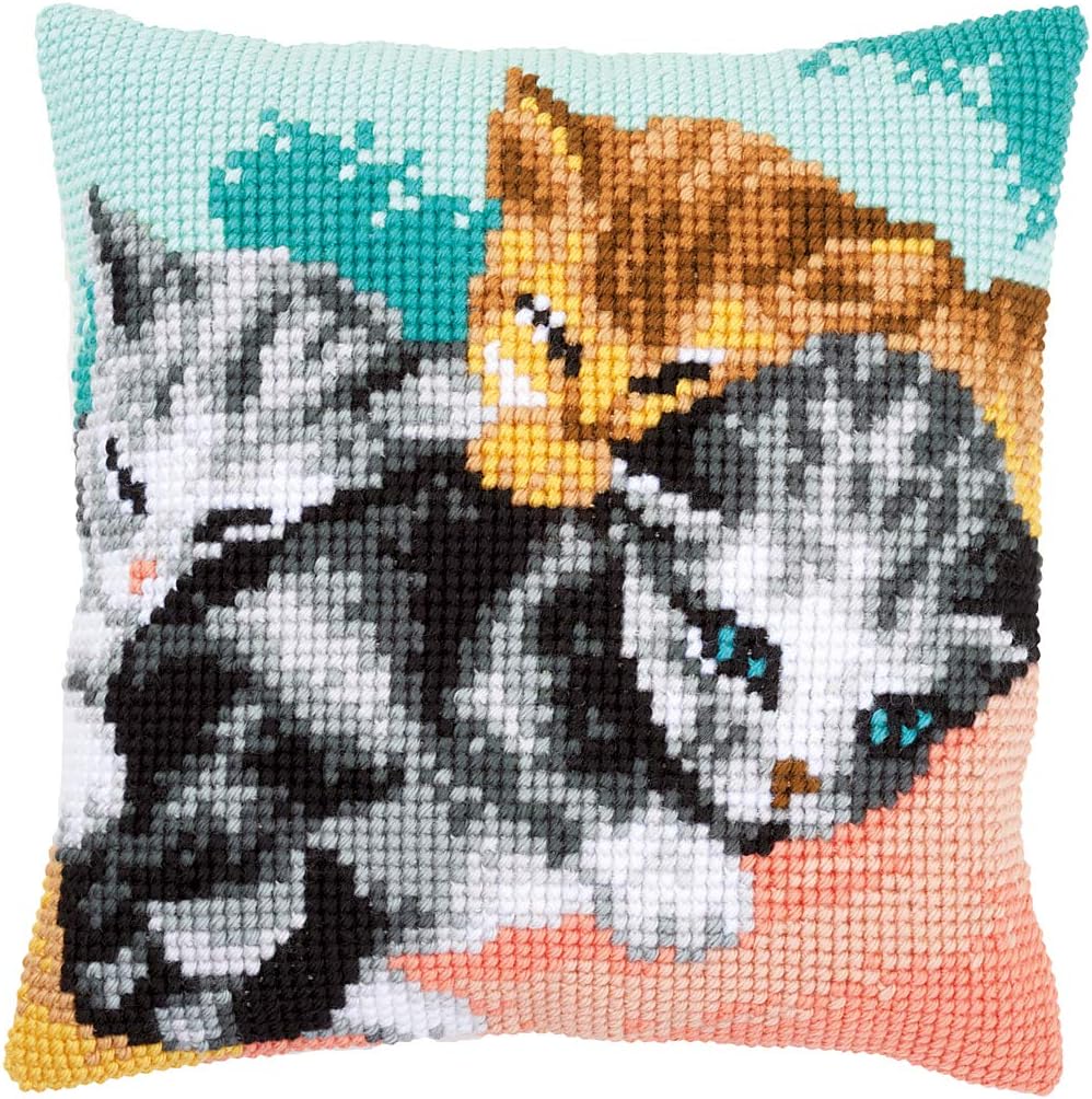 Vervaco PN-0165781 Kreuzstichkissen 3 Kätzchen Kreuzstichset, Baumwolle, mehrfarbig, 40 x 40 cm / 16