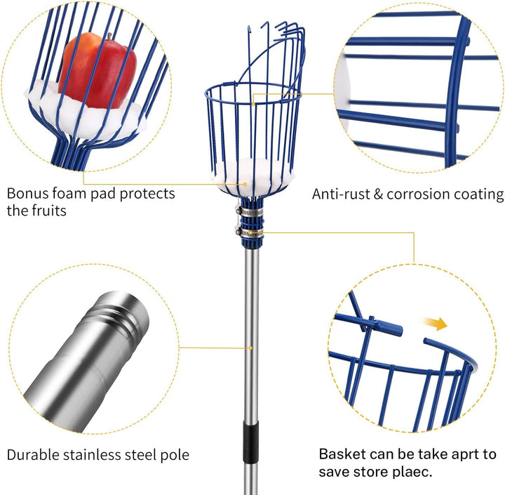 MaidMAX Obstpflücker mit Teleskopstiel aus Edelstahl 4 Meter, Apfelpflücker mit Gelenk und Schaumsto