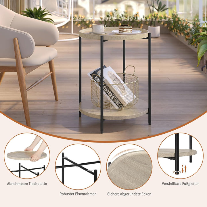 WOLTU Couchtisch rund, Beistelltisch mit 2 Ablagen, Wohnzimmertisch mit Abnehmbarer Tischplatte, Nac