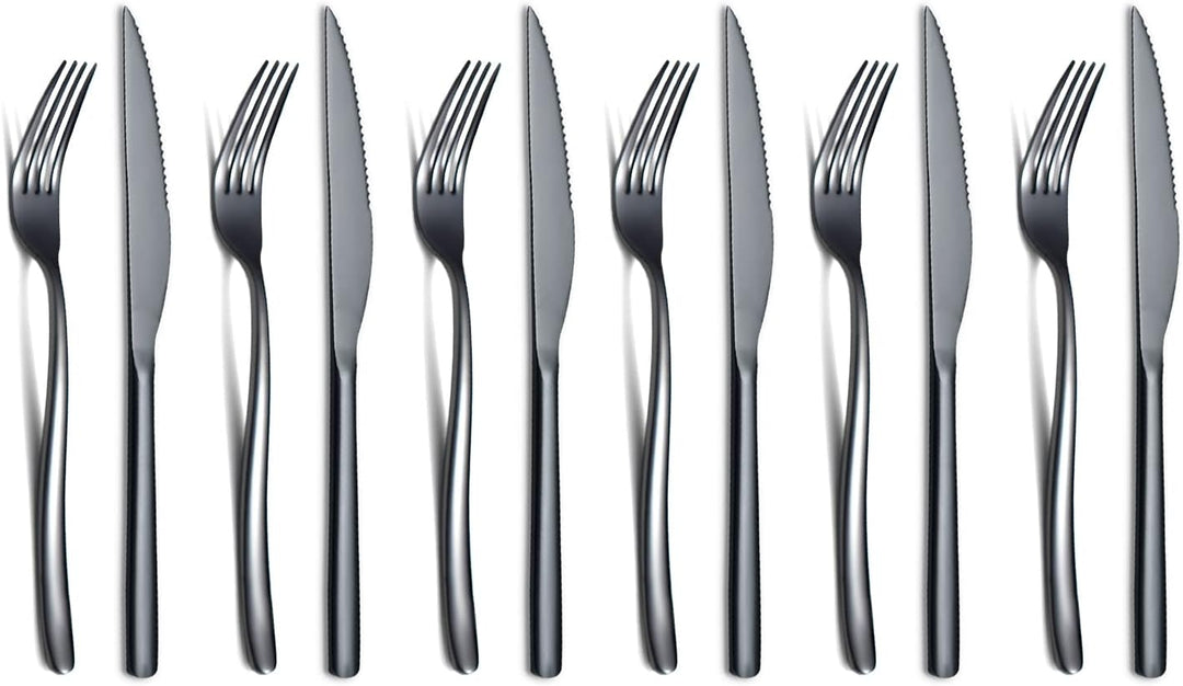 HOMQUEN Schwarzes Steak Besteckset 12-Teilig, Premium-Edelstahl 6 Tafelgabeln und 6 Tafelmesser-Set,