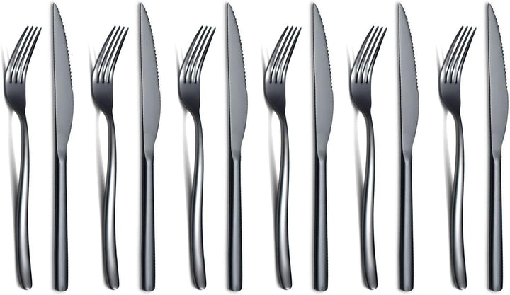HOMQUEN Schwarzes Steak Besteckset 12-Teilig, Premium-Edelstahl 6 Tafelgabeln und 6 Tafelmesser-Set,