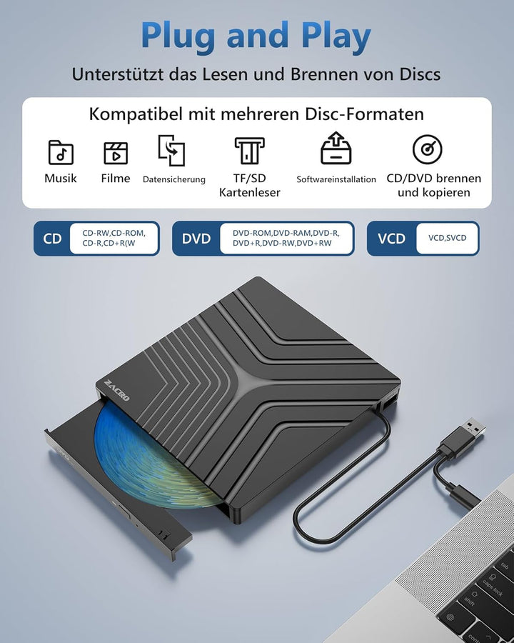 Zacro Externes DVD Laufwerk Extern USB 3.0 USB C CD Laufwerk für Laptop Desktop PC MacBook Externer