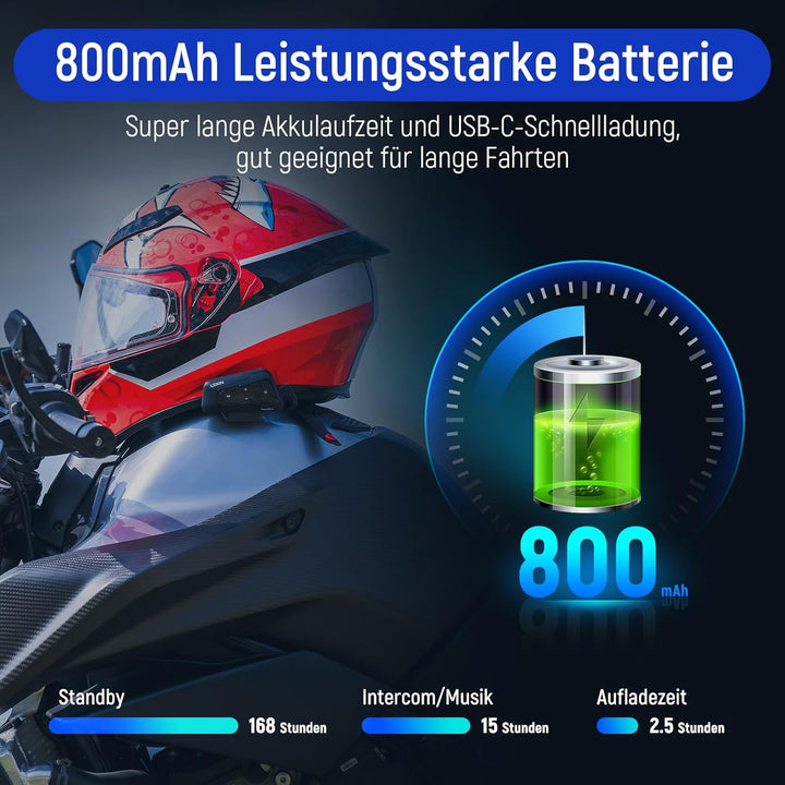 LEXIN MeshCom Mesh 3.0 Helm Intercom, Motorrad Headset Bluetooth 5.0, Motorradhelm Kommunikationssys