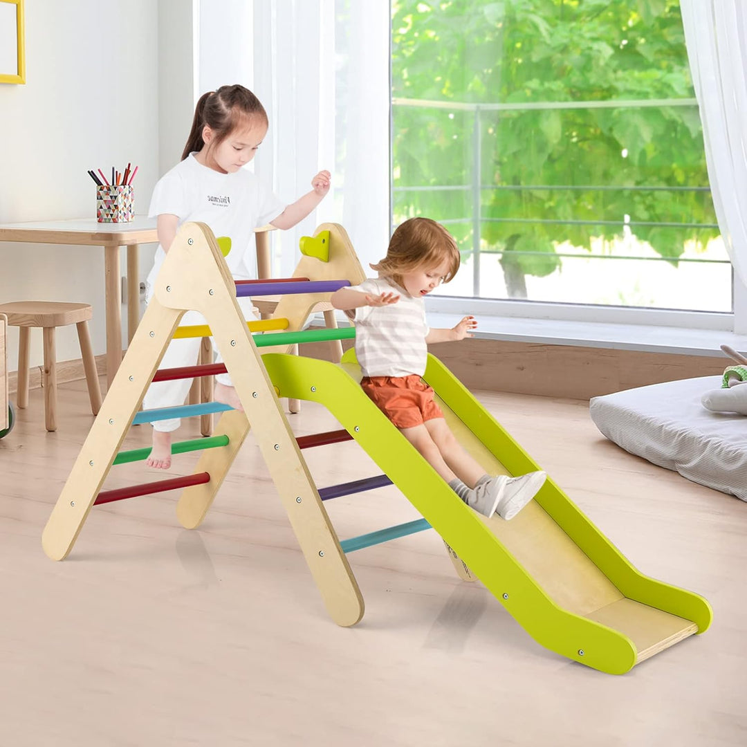COSTWAY Kletterdreieck mit Rutsche, Klettergerüst aus Holz, Sprossendreieck zum Rutschen und Kletter