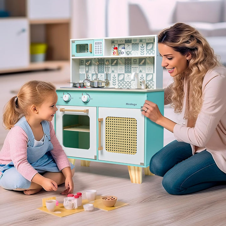 Holz Küche Spielset, Kleinkind Küche Set für Alter 3-6 Pretend Play Küche mit echten Lichtern und So