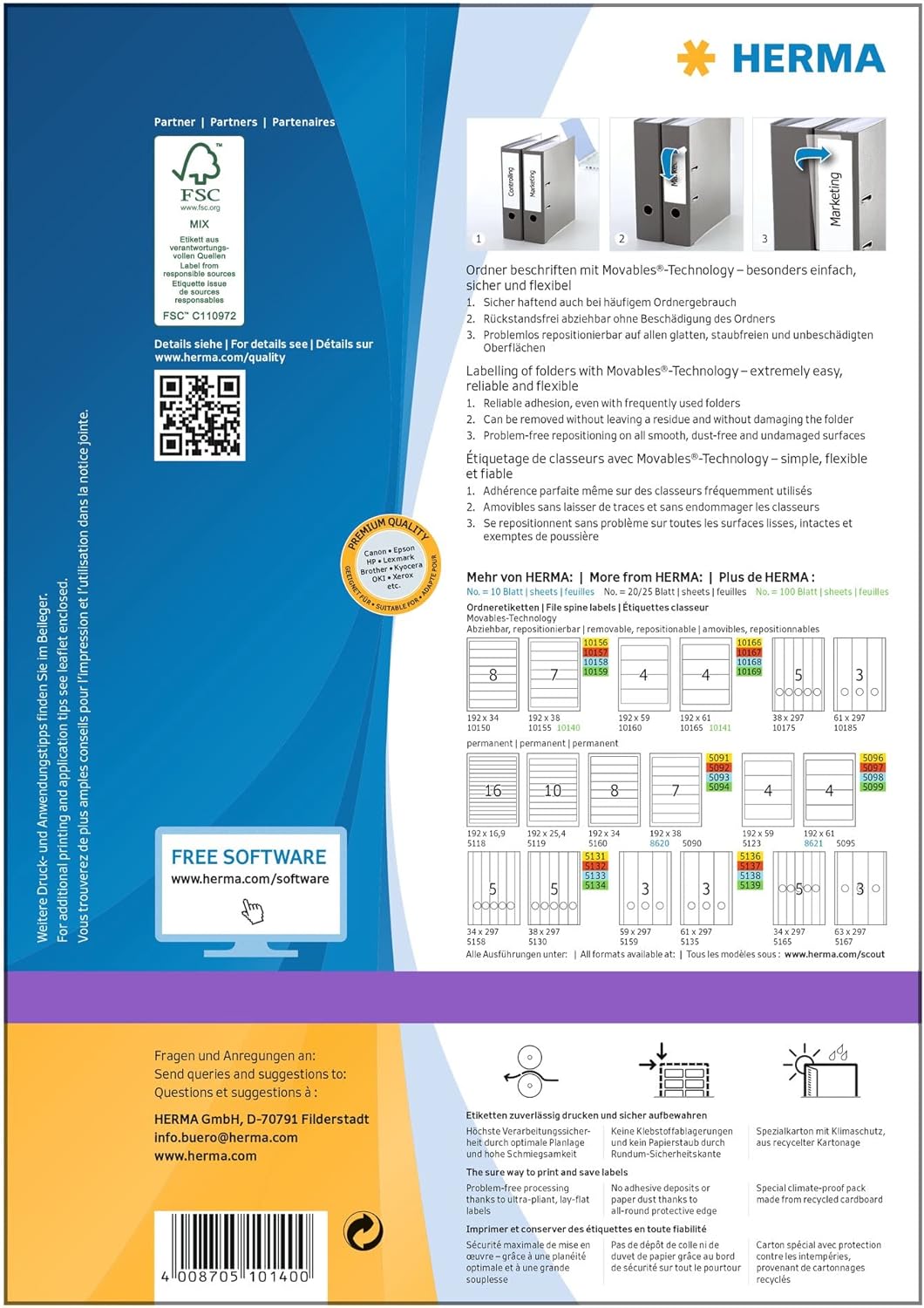 HERMA 10140 Ordnerrücken Etiketten ablösbar kurz schmal, 100 Blatt, 192 x 38 mm, 7 Stück pro A4 Boge