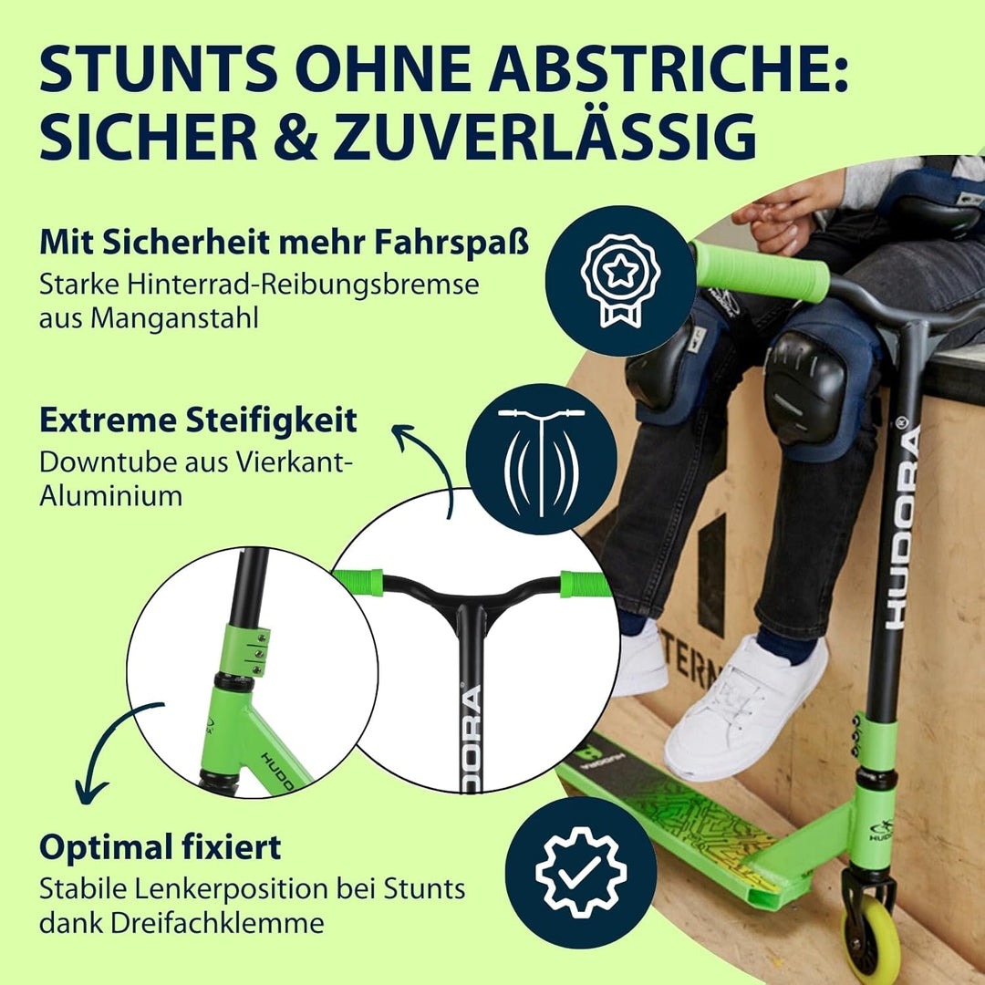 HUDORA Stuntscooter Kids - 360° Lenkung - Tretroller - ABEC 9 Kugellager - Robuster Funscooter, Kick