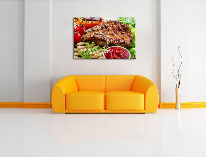 Gegrilltes Steak Format: 100x70 auf Leinwand, XXL riesige Bilder fertig gerahmt mit Keilrahmen, Kuns