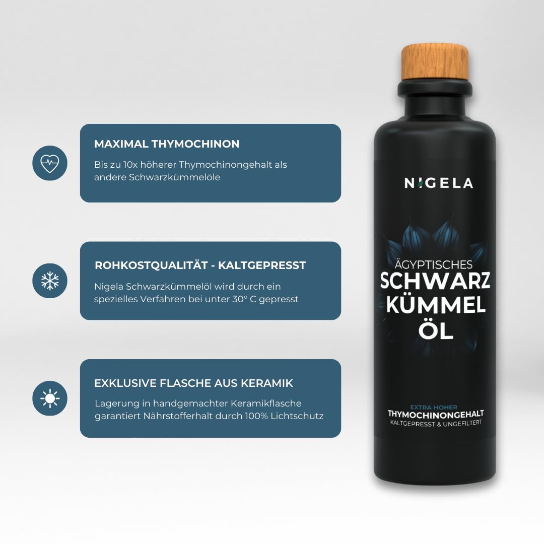 Nigela BIO Schwarzkümmelöl ungefiltert - Hoher Thymochinongehalt in 100% lichtgeschützer Keramikflas