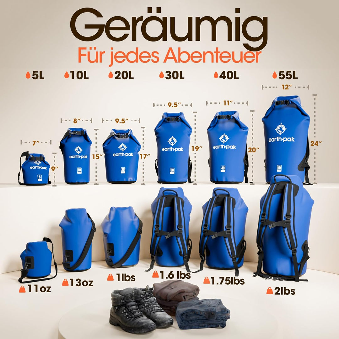 Earth Pak – Wasserdichter Packsack mit Schultergurt und wasserfester Handyhülle – Ideale Rolltop Tas
