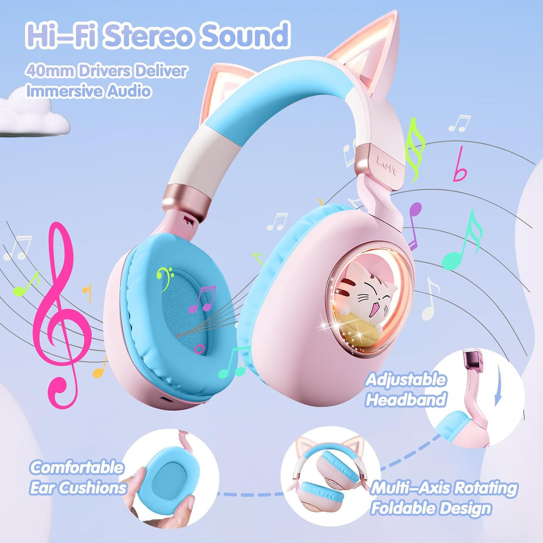 sunvito Kinder Kopfhörer Bluetooth 5.4, LED Beleuchtetes Katzenohr, Faltbarer Over-Ear Kopfhörer mit