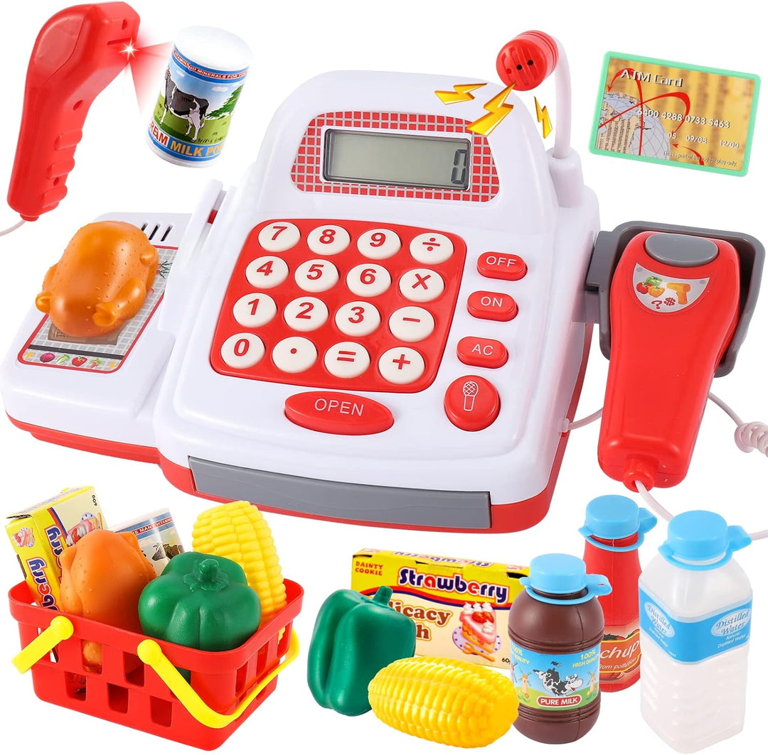 TOEY PLAY Kasse Kaufladen Kinder, Kinderkasse mit Scanner und Sound Mikrofon, Kasse Spielzeug, Kaufl