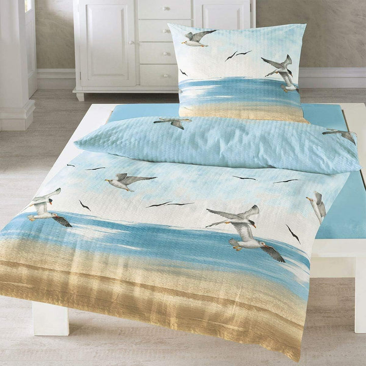 Traumschlaf Seersucker Bettwäsche Set •Bügelfrei• Maritimer Look Seemöven • mit Reissverschluss • 20
