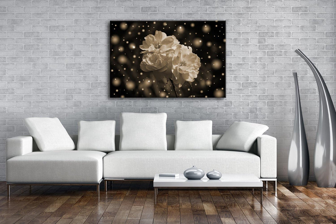 deyoli verschneite rosa Blumen Format: 80x60 Effekt: Sepia als Leinwand, Motiv fertig gerahmt auf Ec