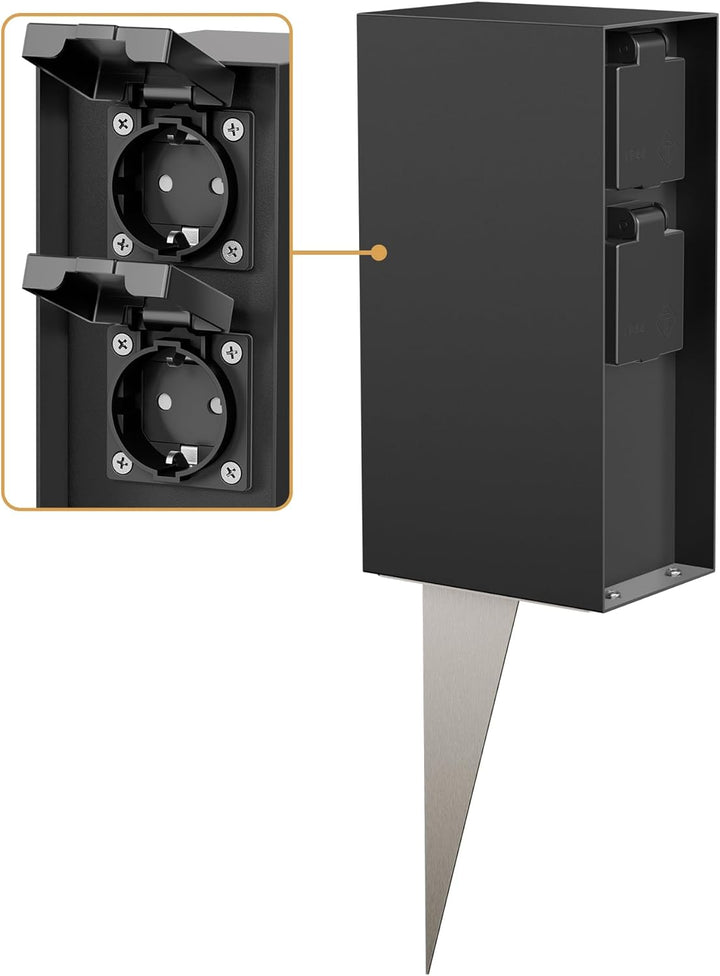 ledscom.de Garten-Steckdosen-Säule POMI mit Erdspiess für aussen, IP44, 4-Fach, schwarz, eckig, 23cm