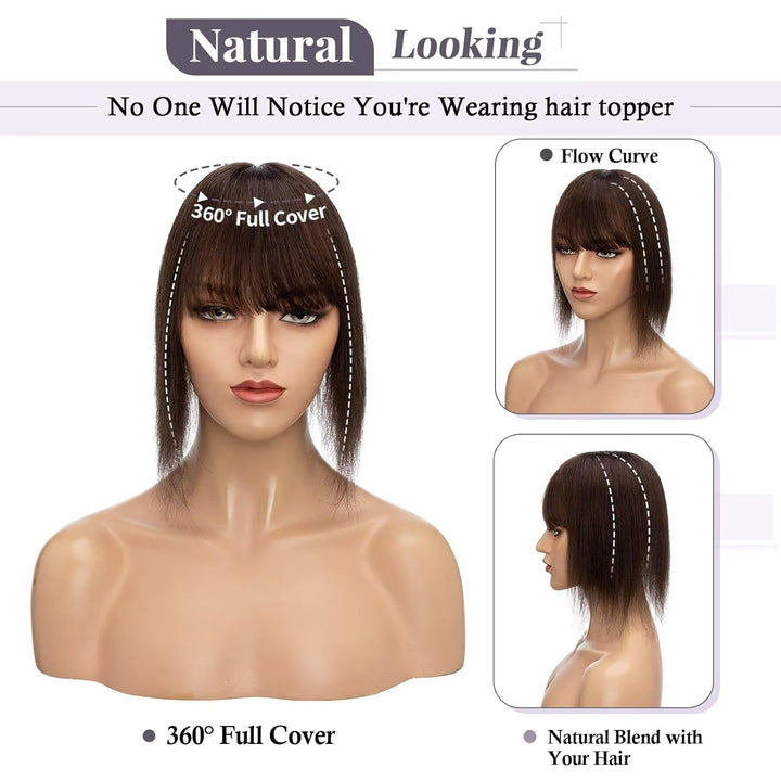TESS Hair Topper Echthaar Braun, 7x13cm Basis Toupet Damen #2 Dunkelbraun mit Pony Haartopper Echtha
